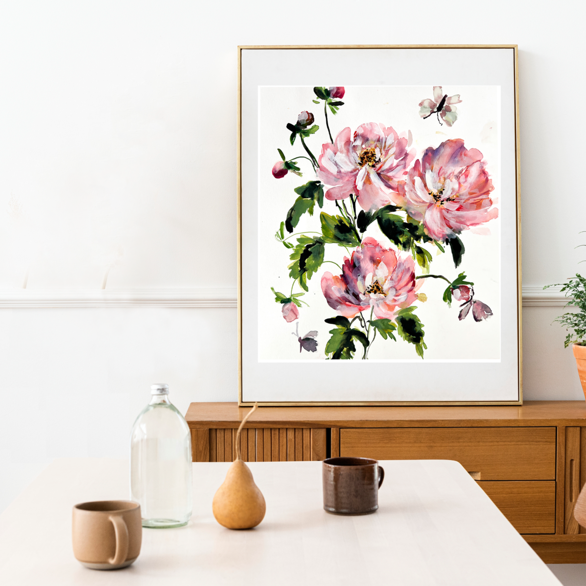 Butterflies and Peonies watercolor fine art print