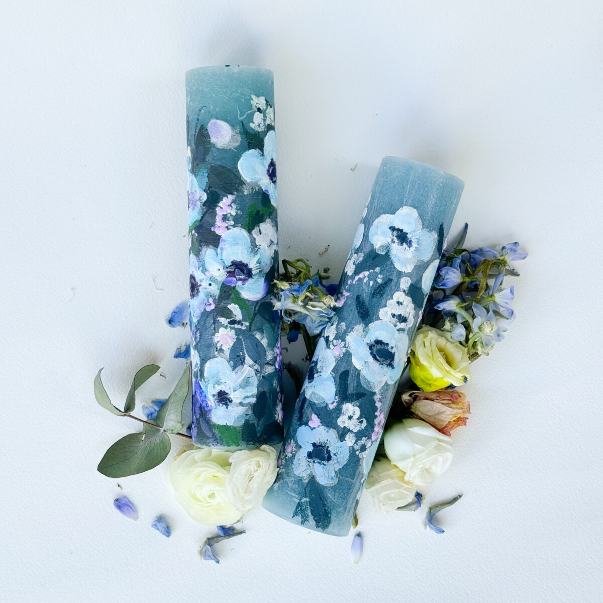 Blue Blossom: Handprinted Floral Pillar Candle (Pack of 1)