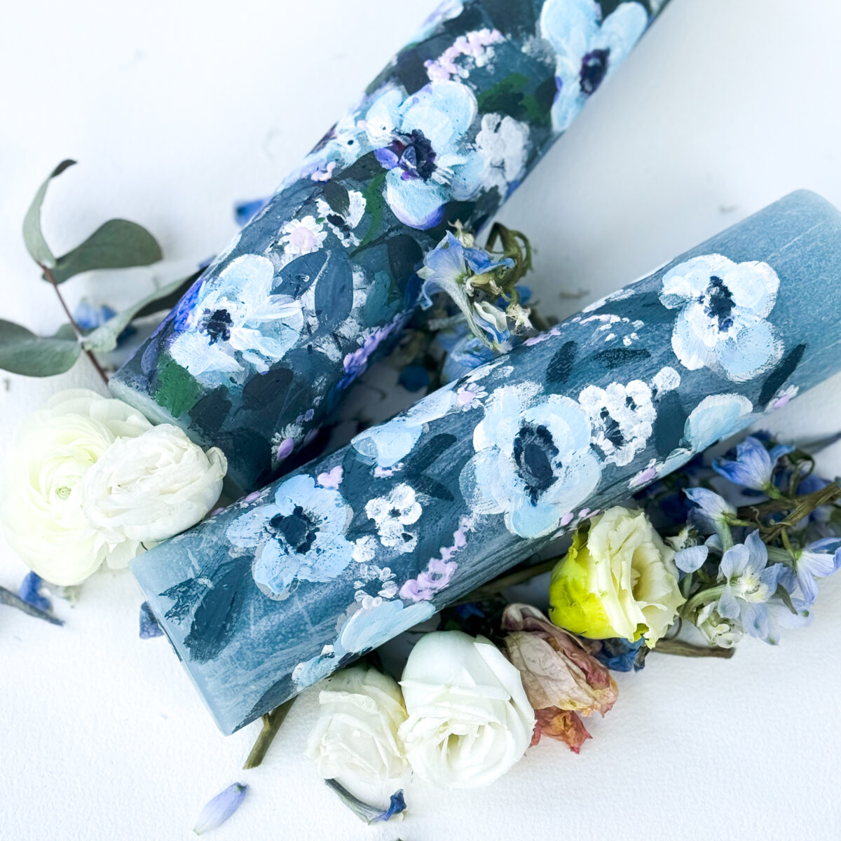 Blue Blossom: Handprinted Floral Pillar Candle (Pack of 1)